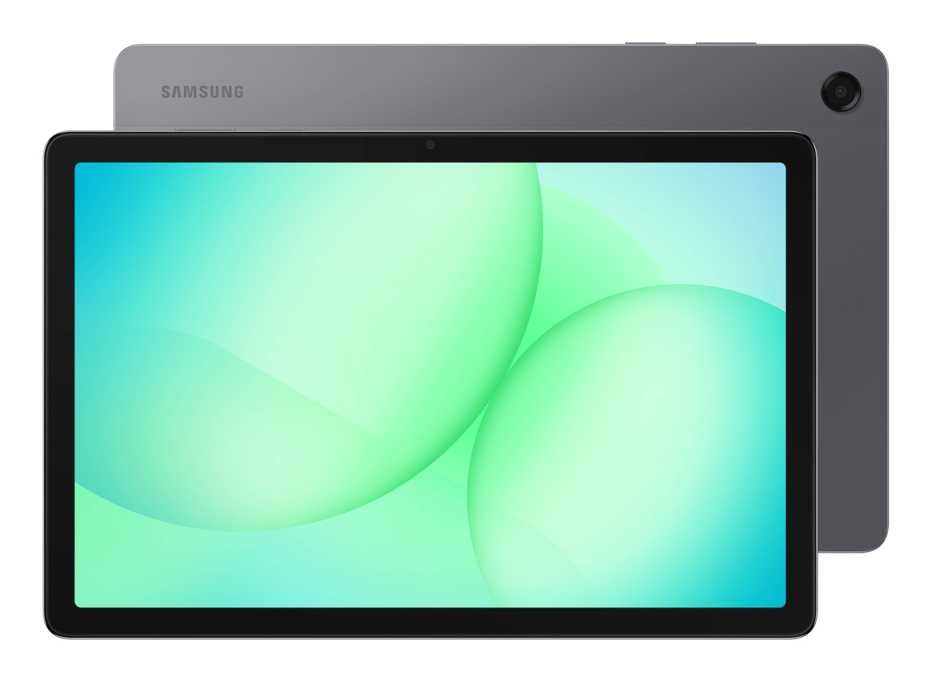 Samsung-Tablet von vorne und hinten gezeigt, mit schwarzem Displayrahmen auf der Vorderseite und grauer Rückseite-Kamera auf der Rückseite.