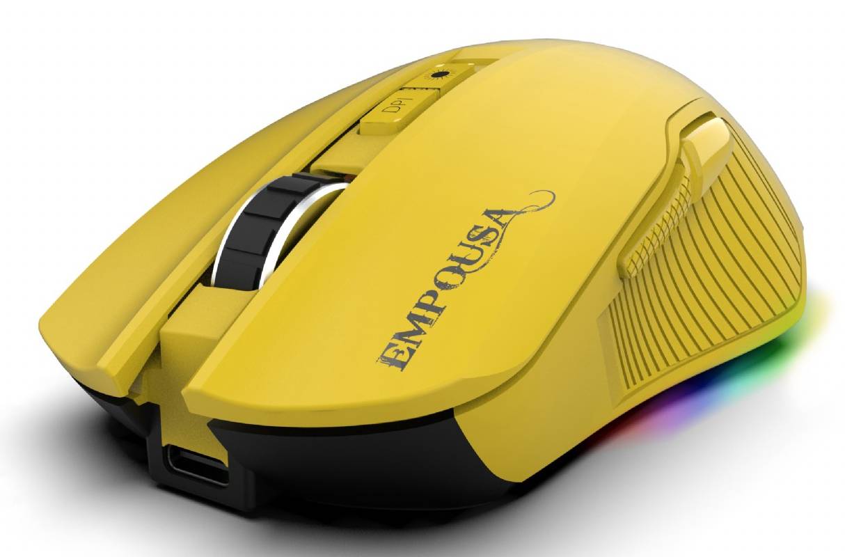 Gelbe Empousa Gaming-Maus mit schwarzem Rand und seitlichem Griff, in Winkelansicht mit RGB-Beleuchtung darunter.