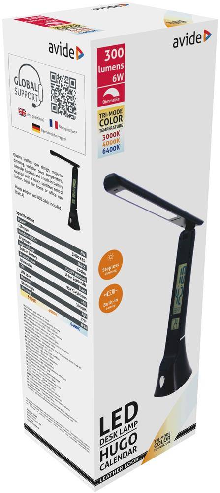 Produktbox für eine 'avide' LED-Schreibtischlampe, beschriftet mit 'Hugo Calendar', 300 Lumen, 6W, Tri-Modus-Farbwechsel mit 3000K und 6000K Optionen.