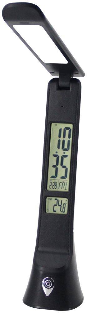 Schwarze Schreibtischleuchte mit verstellbarem Kopf und eingebautem digitalen Display, das 10:25, 24,8°C und 228 CPT anzeigt.