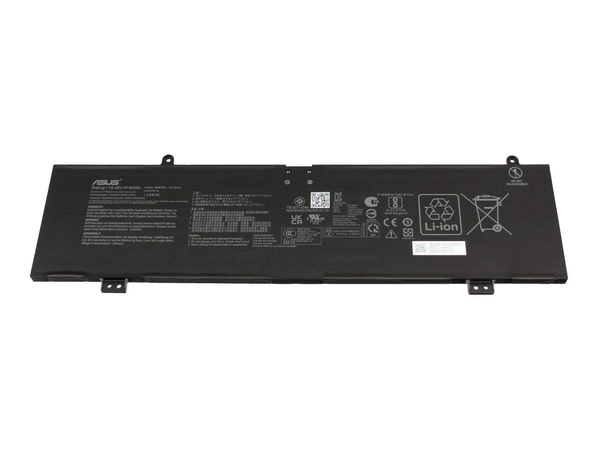 Schwarzes ASUS-Lithium-Ionen-Laptop-Akkupaket, von hinten gezeigt, mit sichtbaren Produktetiketten und Befestigungslaschen.