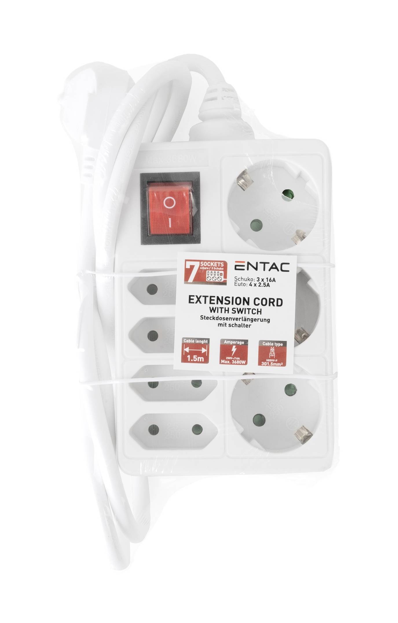 Weiße Verlängerungsschnur mit vier Steckdosen und rotem Ein-/Ausschalter, beschriftet mit "ENTAC EXTENSION CORD WITH SWITCH"", aufgerollt gegen einen weißen Hintergrund dargestellt.