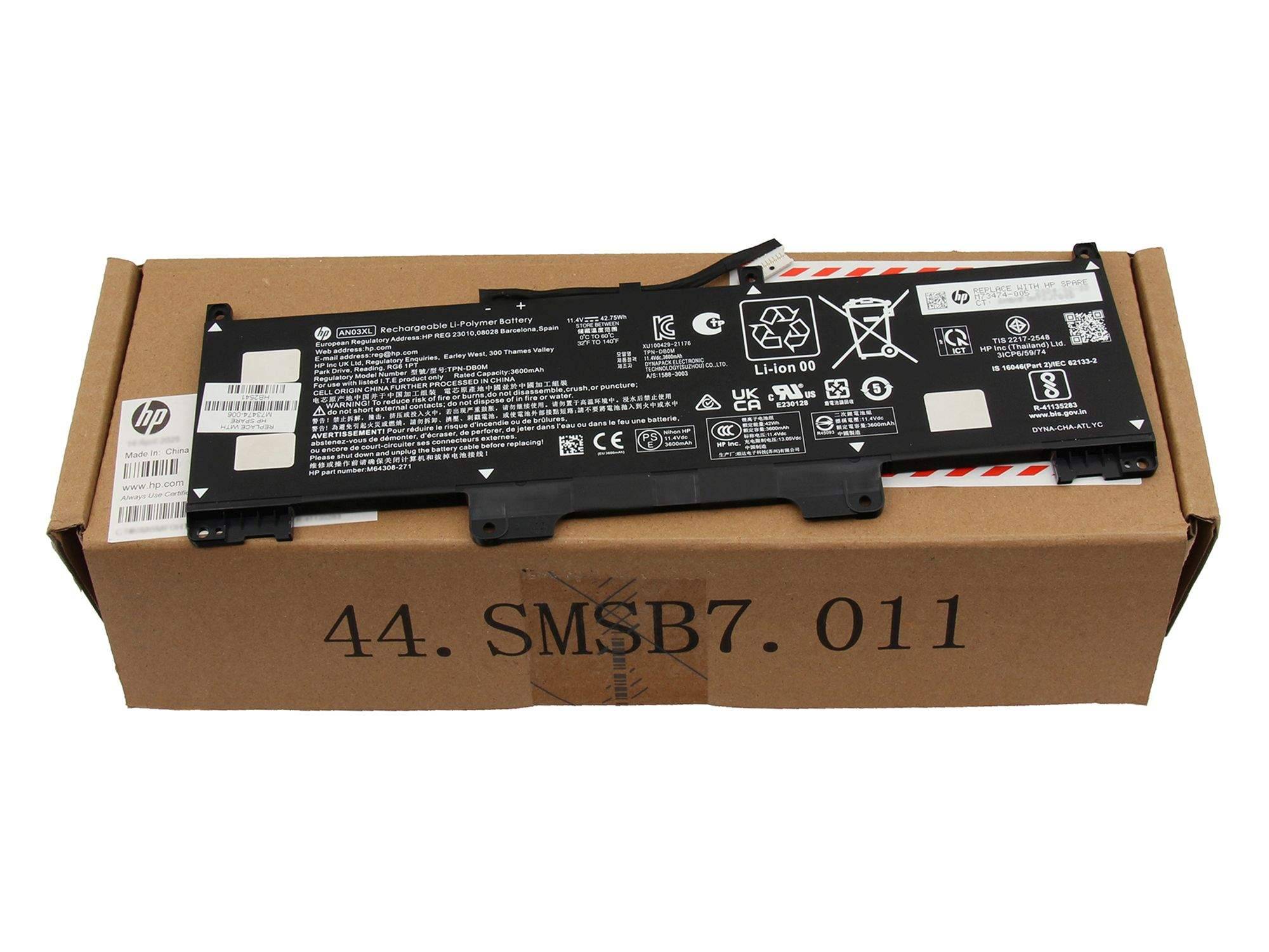 HP-Laptop-Akkupack, das auf einer Pappschachtel mit der Aufschrift „44. SMSB7. 011