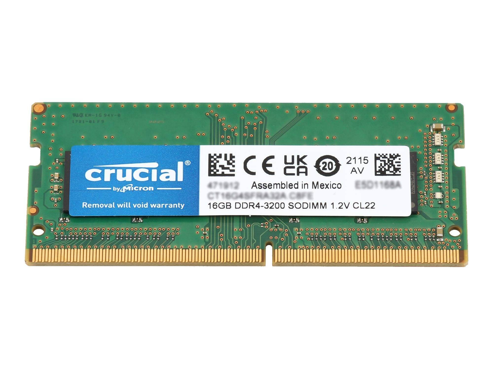 Crucial von Micron 16GB DDR4-3200 SODIMM Laptop-Speichermodul mit Garantieetikett und Steckerkontakten
