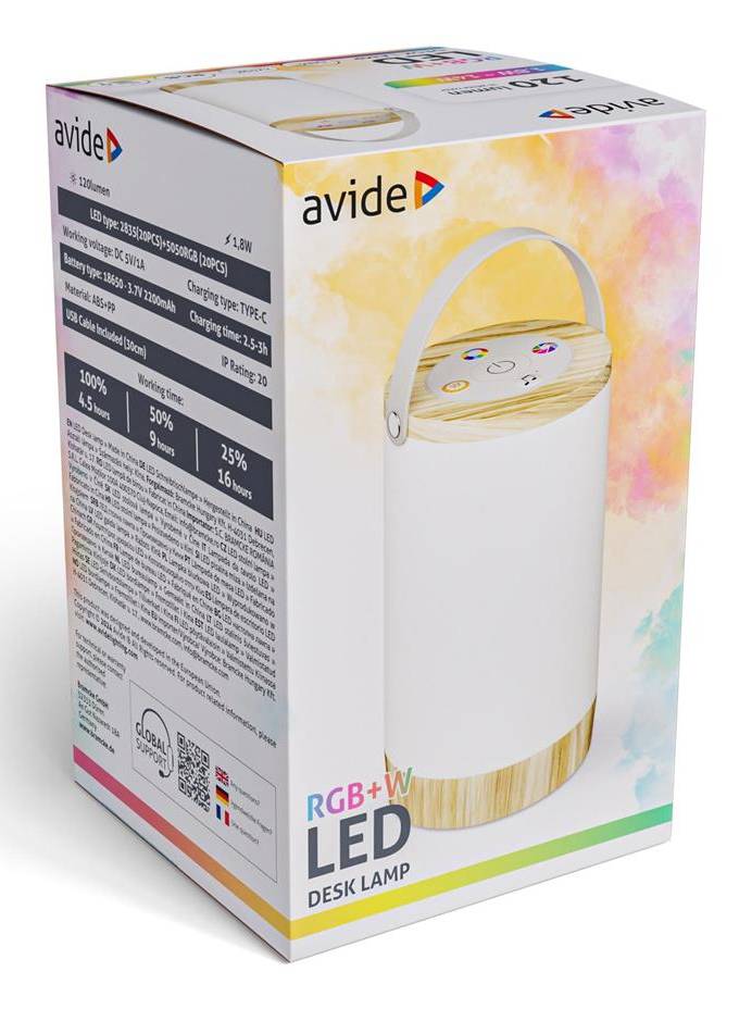 Verpackte Avide RGB+W LED-Schreibtischlampe mit weißer zylindrischer Basis und Griff, gezeigt auf Retail-Verpackung.