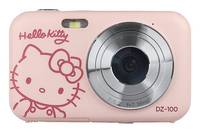 Rosa digitale Hello Kitty Kamera mit großem silbernem Objektiv und Cartoon-Gesichtsgrafik auf der Vorderseite.