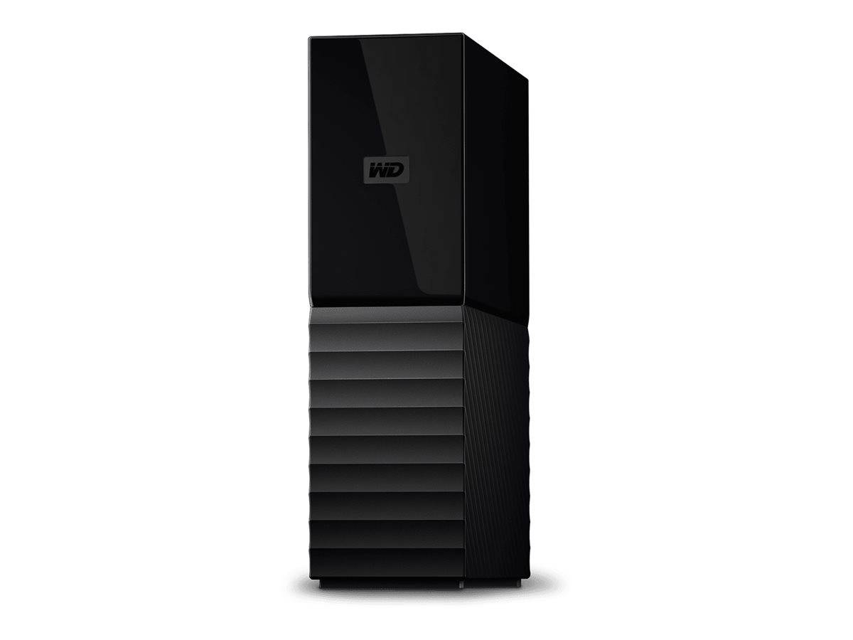 Schwarze externe Festplatte von Western Digital, die aufrecht auf weißem Hintergrund steht, mit WD-Logo auf der Vorderseite.