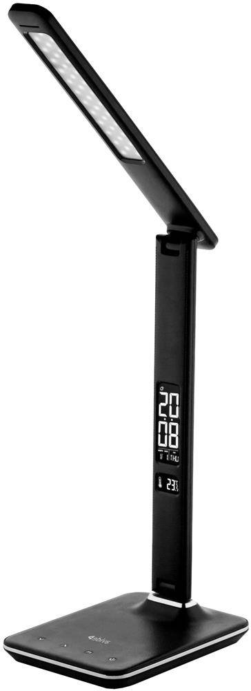 Schwarze LED-Schreibtischlampe mit schlankem aufrechtem Ständer, verstellbarem Kopf, digitaler Zeitanzeige und kabelloser Ladefläche.