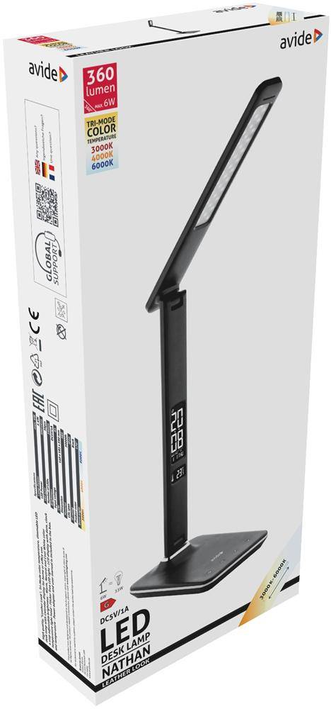 Verpackung für eine Avide LED-Schreibtischlampe, zeigt eine schwarze verstellbare Lampe mit digitalem Display und 360 Lumen, Einstellungen für warme/kalte Farbtemperatur.