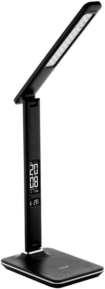 Schwarze LED-Schreibtischlampe mit verstellbarem Kopf und digitaler Anzeige für Uhrzeit und Temperatur am Sockel.