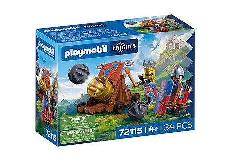 Playmobil Ritterburg-Spielset mit mittelalterlicher Katapult und zwei gepanzerten Figuren, gekennzeichnet mit „72115 | 4+ | 34 TEILE