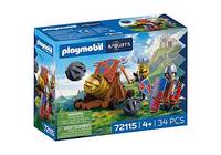Playmobil Ritterburg-Spielzeugsatz mit einer mittelalterlichen Belagerungsszene, gekennzeichnet mit '72115' und '4+ | 134 TEILE'.