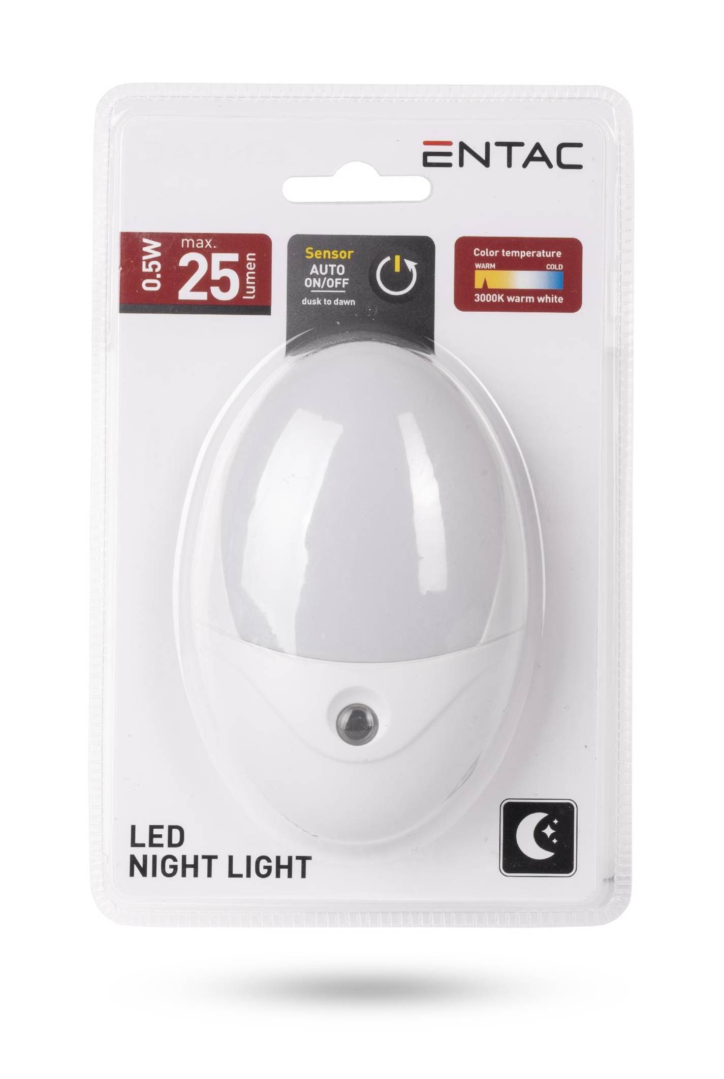Verpackte ENTAC LED Nachtleuchte mit Sensor Automatik An/Aus, 0,5W max 25 Lumen, Warmweiß 3000K