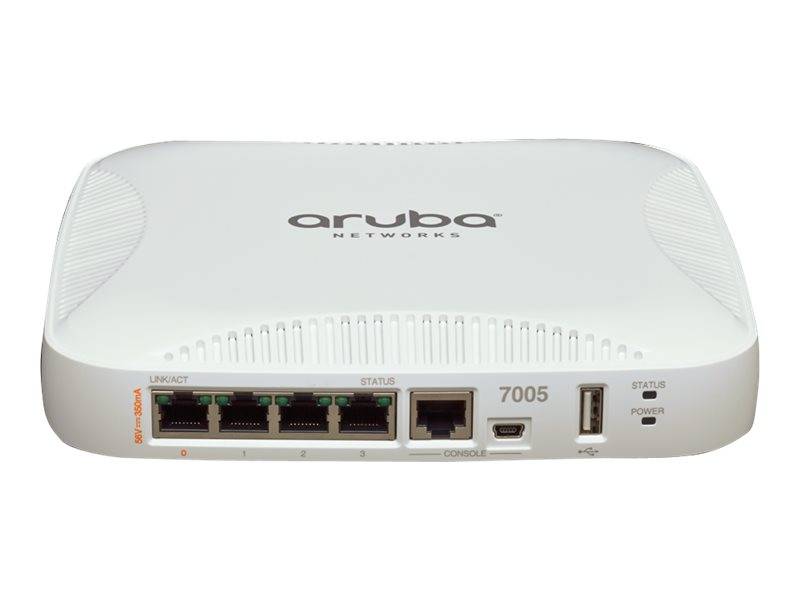 Vorderansicht eines drahtlosen Zugriffspunkts/Routers von Aruba Networks 7005 mit vier Ethernet-Anschlüssen, einem Konsolenport, USB-Anschluss und Status-LEDs.