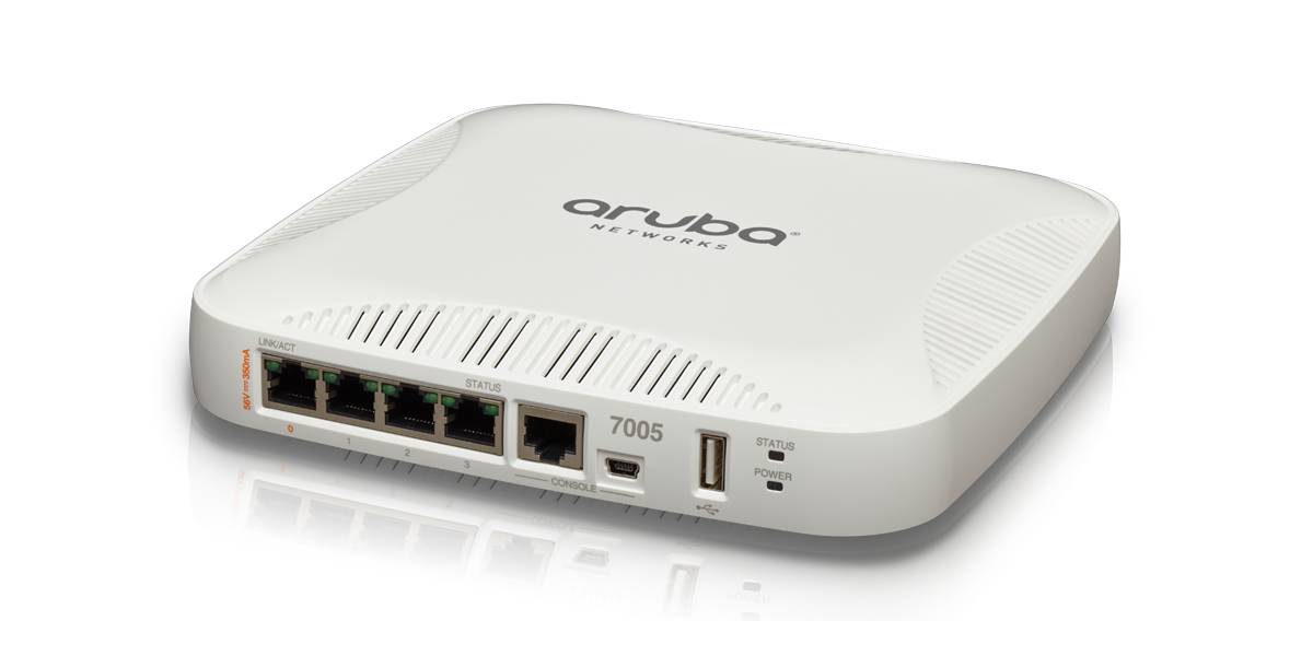 Weißer Aruba 7005 WLAN-Zugriffspunkt/Router mit vorderen Ethernet-Anschlüssen und Statusleuchten auf neutralem Hintergrund
