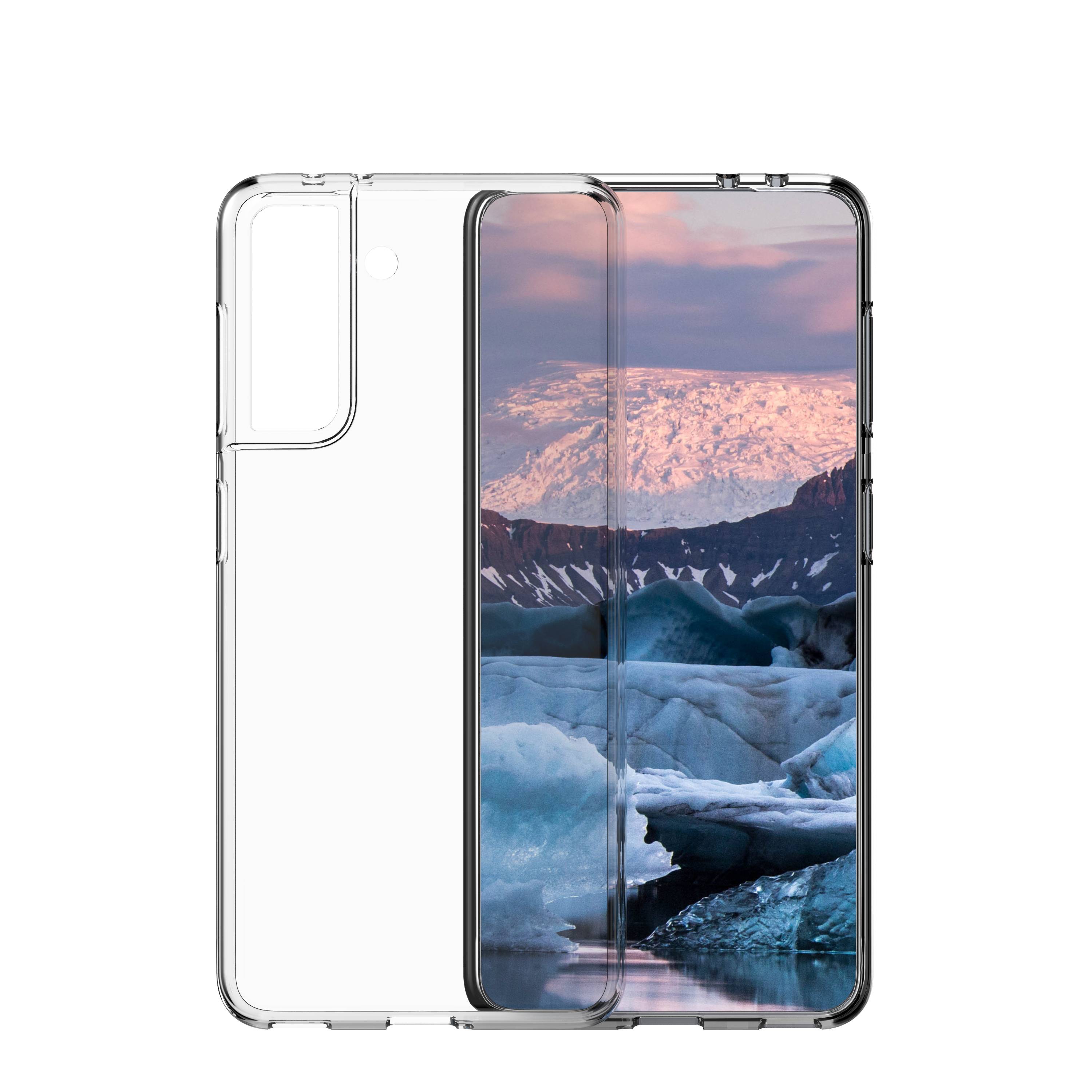 Durchsichtige Handyhülle auf einem Smartphone gezeigt, mit transparenter Rückseite und erhöhtem Kameraschutz über einem Gletscherlandschafts-Hintergrundbild auf dem Bildschirm.