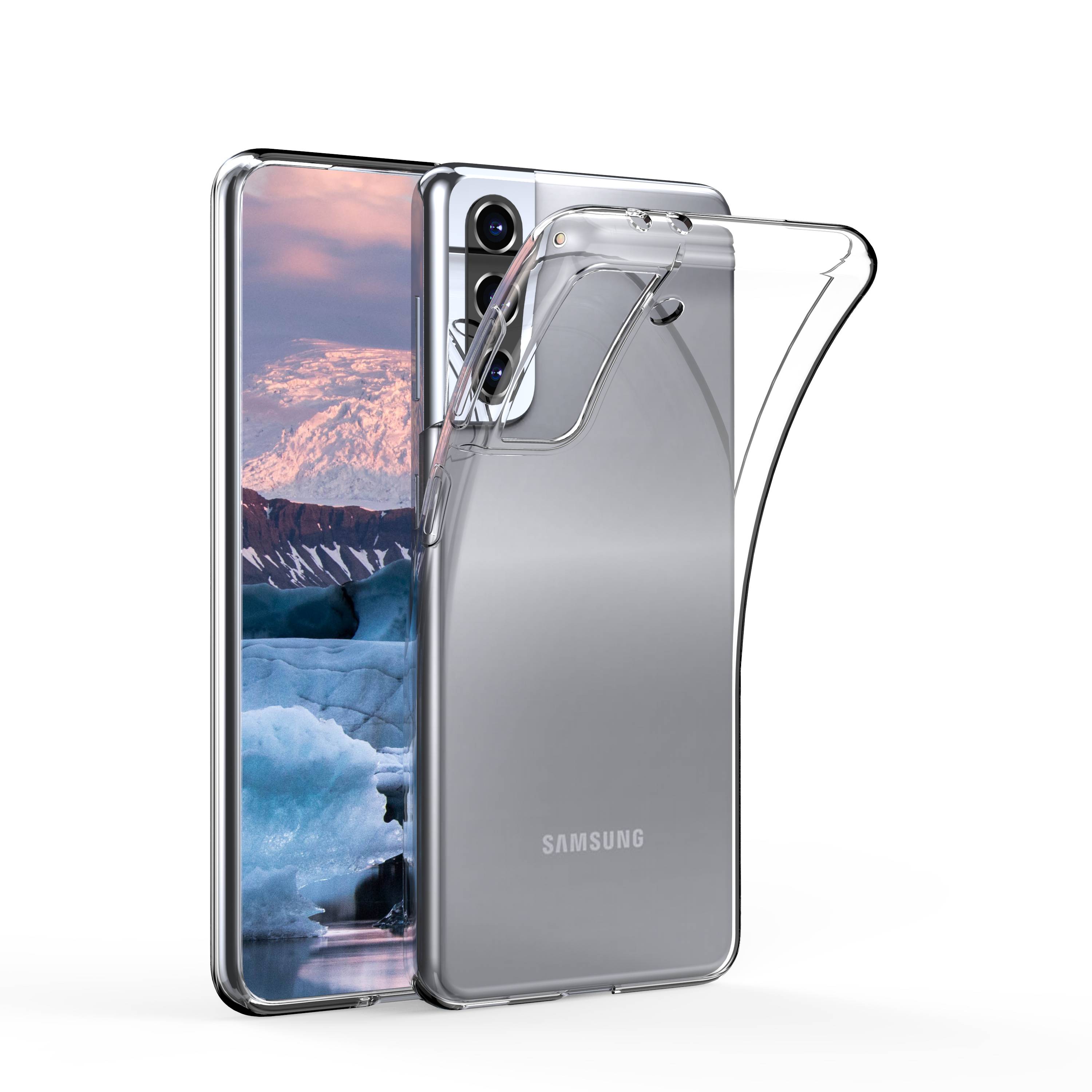 Zwei Samsung-Smartphones von vorne und hinten mit einer transparenten Schutzhülle, die Kamera und schlanke Passform hervorheben.
