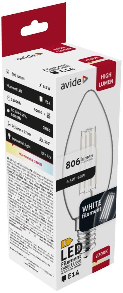 Packung mit avide LED-Glühfadenkerzenlampe, 6,5W-60W, weißer Glühfaden, E14, 806 Lumen, 2700K warmweiß.