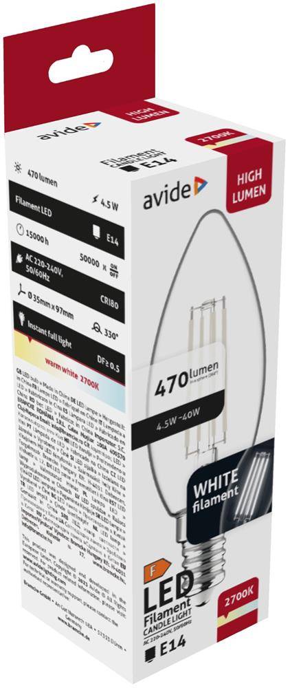 Schachtel mit Avide LED-Filament-Kerzenbirne, 4,5W, E14, 470 Lumen, weiß, 2700K, hohe Leuchtkraft, Energieklasse F.