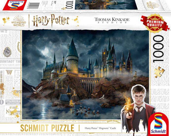Harry Potter und Hogwarts Castle Puzzle-Schachtelkunst von Thomas Kinkade Studios, mit Harry, der einen leuchtenden Zauberstab hält, und „1000