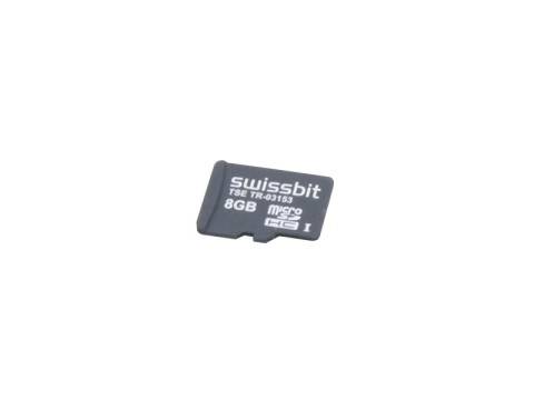 Eine Swissbit 8GB microSD-Speicherkarte auf weißem Hintergrund.