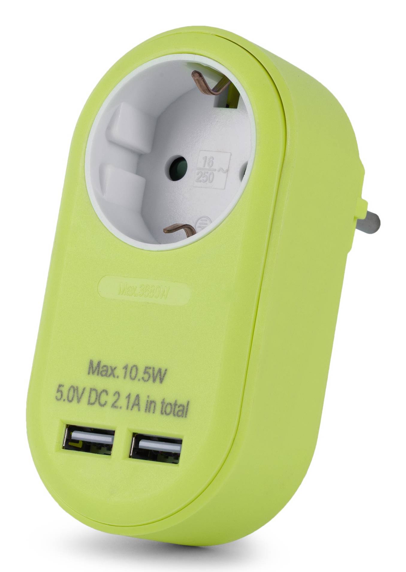 Grüner Stecker-Netzteil mit einer Steckdose und zwei USB-Anschlüssen, gekennzeichnet mit max. 10,5W, 5,0V DC 2,1A insgesamt.