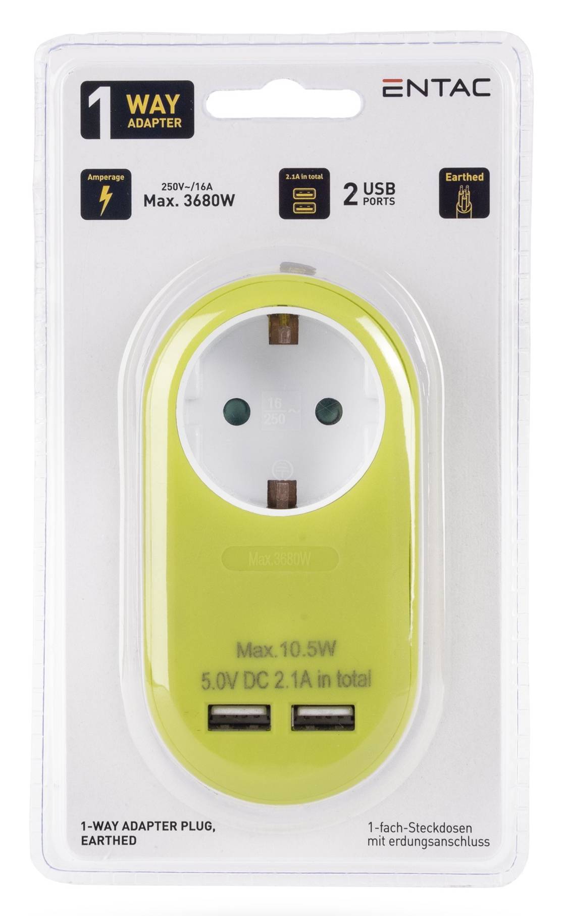 Verpackung für einen ENTAC 1-Wege-Adapterstecker, geerdet, mit 2 USB-Anschlüssen und maximaler Ladeleistung von 10,5W.