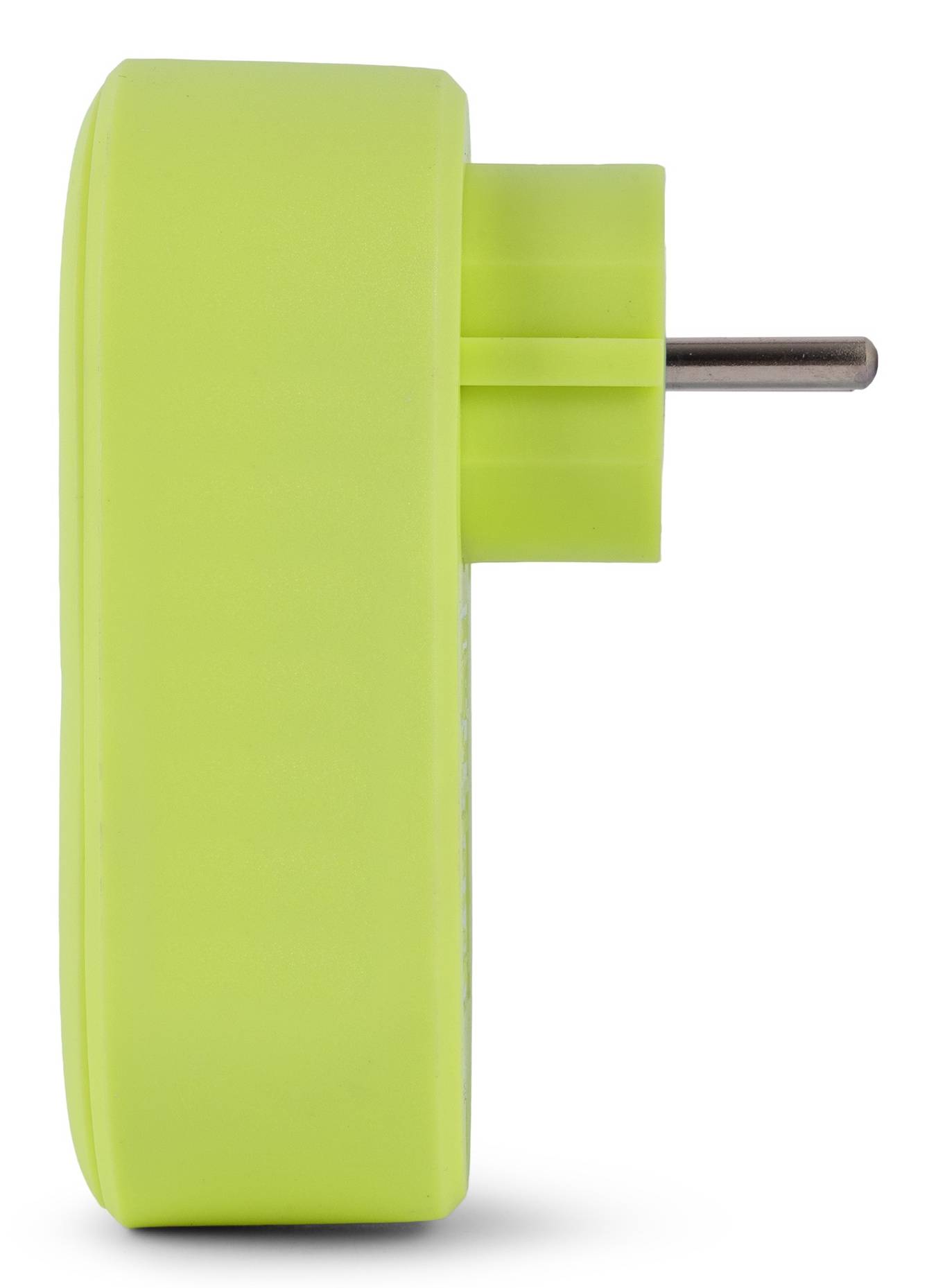 Seitenansicht eines limonengrünen elektrischen Steckeradapters mit einer einzelnen Metallzacke auf weißem Hintergrund.