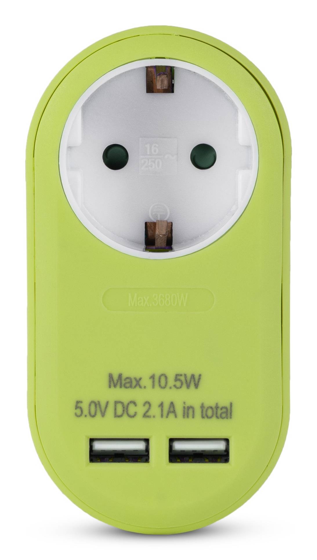 Grüner Steckeradapter mit rundem europäischem Anschluss, zwei USB-Anschlüssen und bedrucktem Text „Max 10,5W" und „5,0V DC 2,1A insgesamt"".
