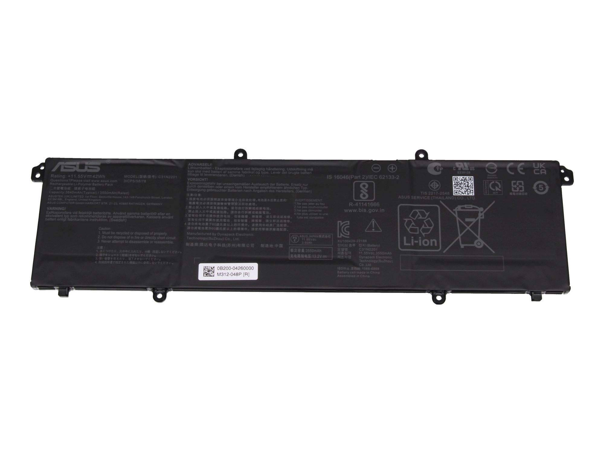 Schwarzer ASUS-Laptop-Akku mit mehreren Befestigungslaschen und gedruckten Sicherheitsetiketten auf weißem Hintergrund.