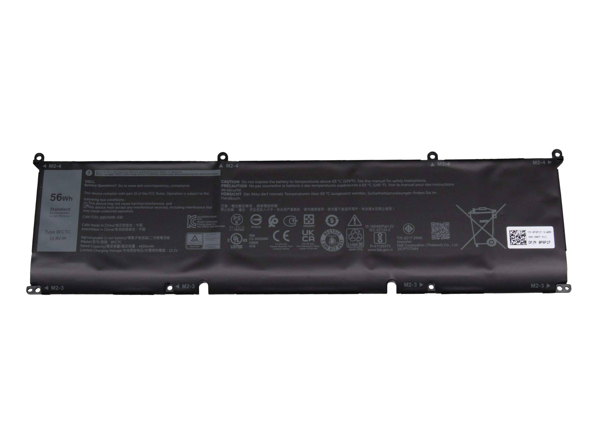 Lange schwarze Laptop-Batterie mit gedruckten Spezifikationen und Warnsymbolen auf weißem Hintergrund.