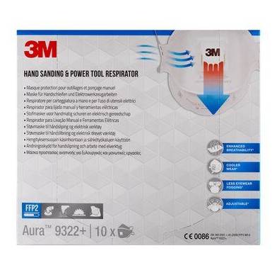 3M Aura 9322+ FFP2 Handschliff- und Elektrowerkzeug-Atemschutzmaske aus einer Box, die verbesserte Atmungsaktivität, kühleres Tragen, weniger Beschlag auf der Brille und verstellbare Passform zeigt.