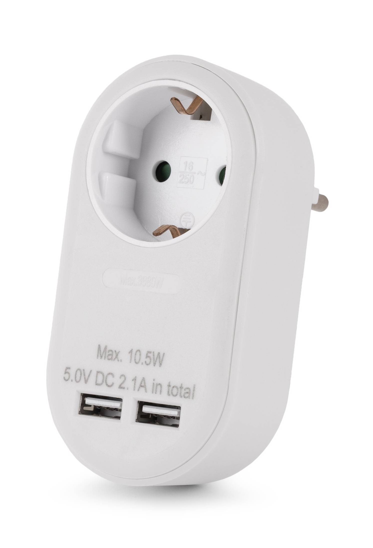 Weißer Stecker-Wandadapter mit einer runden Steckdose und zwei USB-Anschlüssen, beschriftet mit „Max. 10,5W