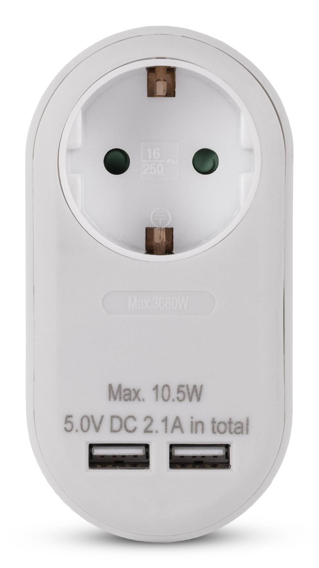 Weißer Wandstecker-Adapter mit zwei USB-Anschlüssen, gekennzeichnet mit Max. 10.5W und 5.0V DC 2.1A insgesamt, zum Aufladen von Geräten.
