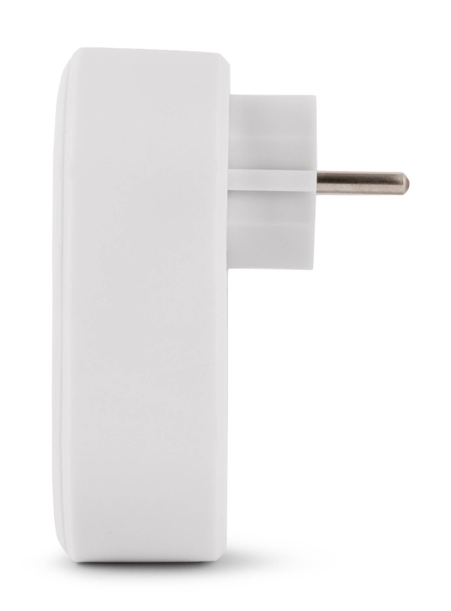 Weißer elektrischer Steckeradapter mit einem einzelnen Metallstift, in Seitenansicht auf einfachem weißem Hintergrund dargestellt.