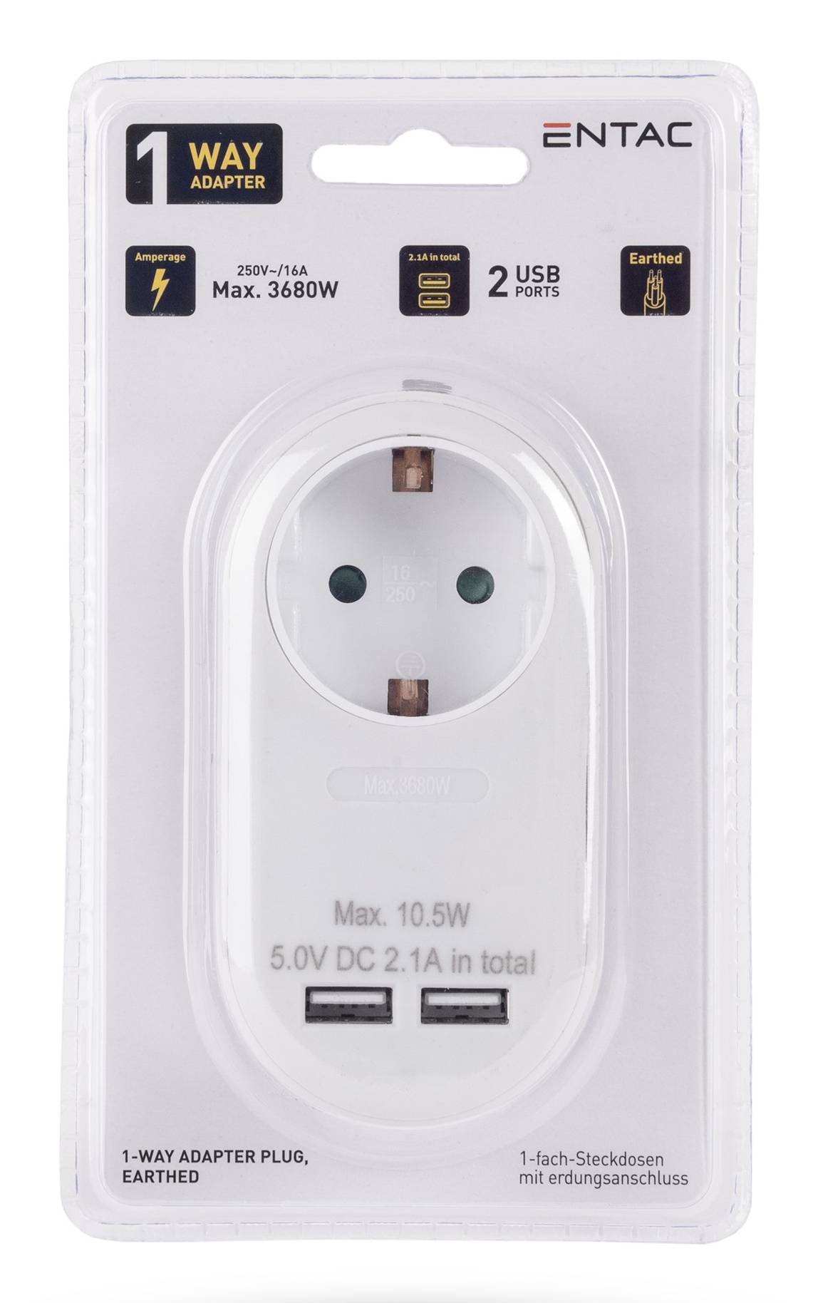Weißer ENTAC 1-Wege-Adapter-Stecker mit einer europäischen Steckdose und 2 USB-Anschlüssen, gekennzeichnet mit max. 3680W und 5V DC 2,1A insgesamt.