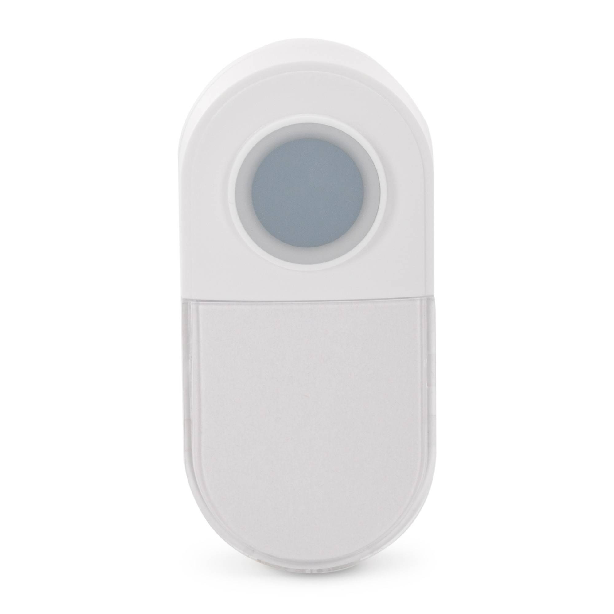 Weißes, pillenförmiges Gerät mit einem kreisförmigen grauen Sensor oder Knopf in der Nähe der Oberseite auf einfachem Hintergrund.