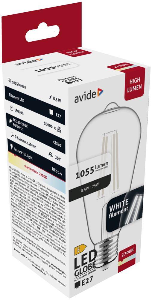 Verpackung für eine Avide LED-Globuslampe, 1055 Lumen, E27-Fassung, weißer Glühfaden, 2700K, hohe Leuchtkraft.