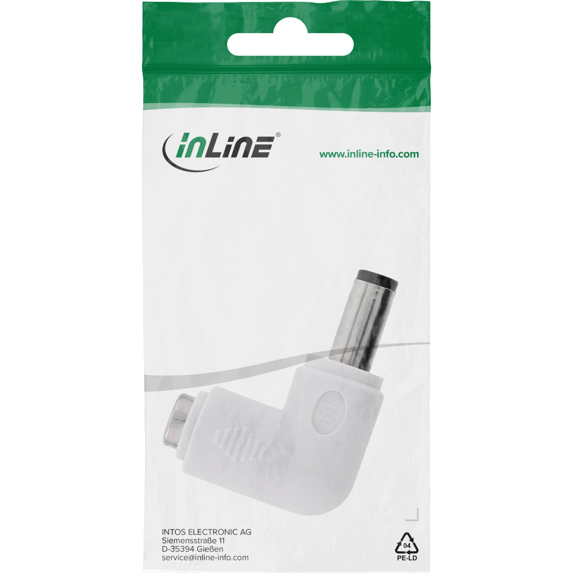 Verpackung für einen inLine-Stromanschluss-Adapter im rechten Winkel, der einen weißen Stecker mit einem Metallverbinder auf einer weiß-grünen Einzelhandelsverpackung zeigt.