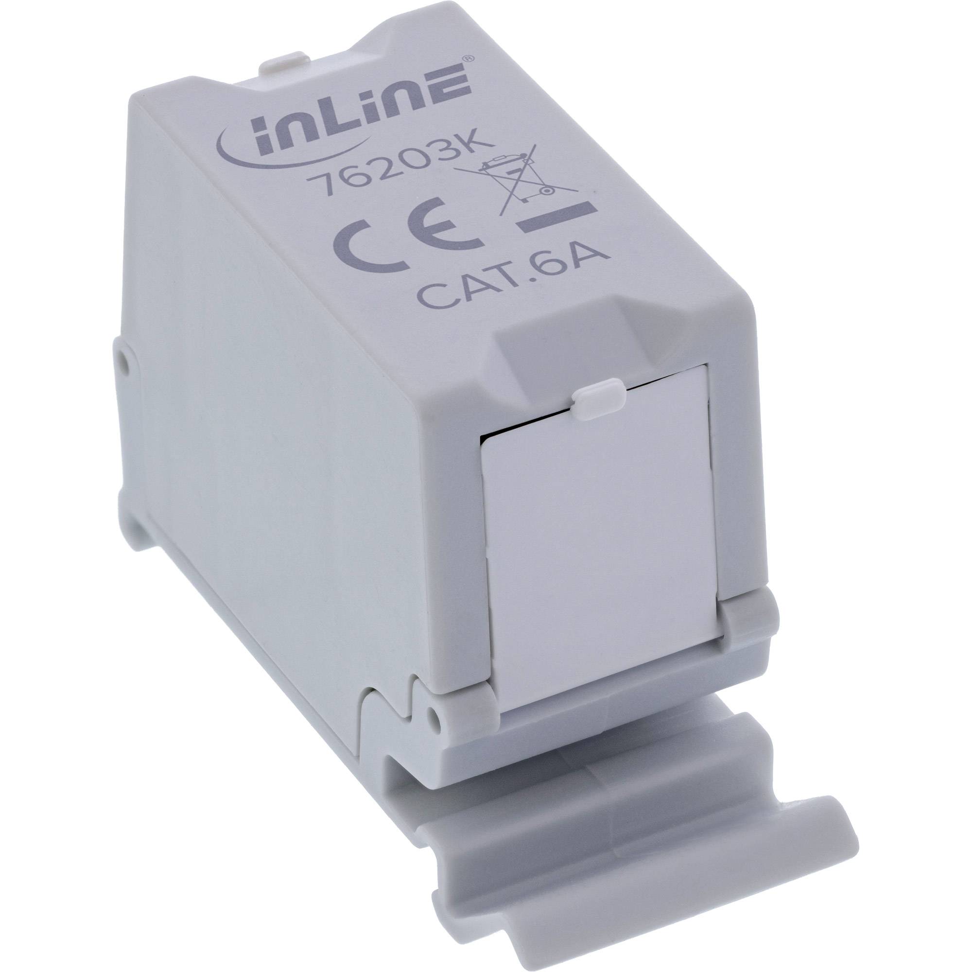 Graues InLine CAT.6A-Netzwerksteckermodul mit gekennzeichneter Frontabdeckung und Kabelhalter, dargestellt auf weißem Hintergrund.