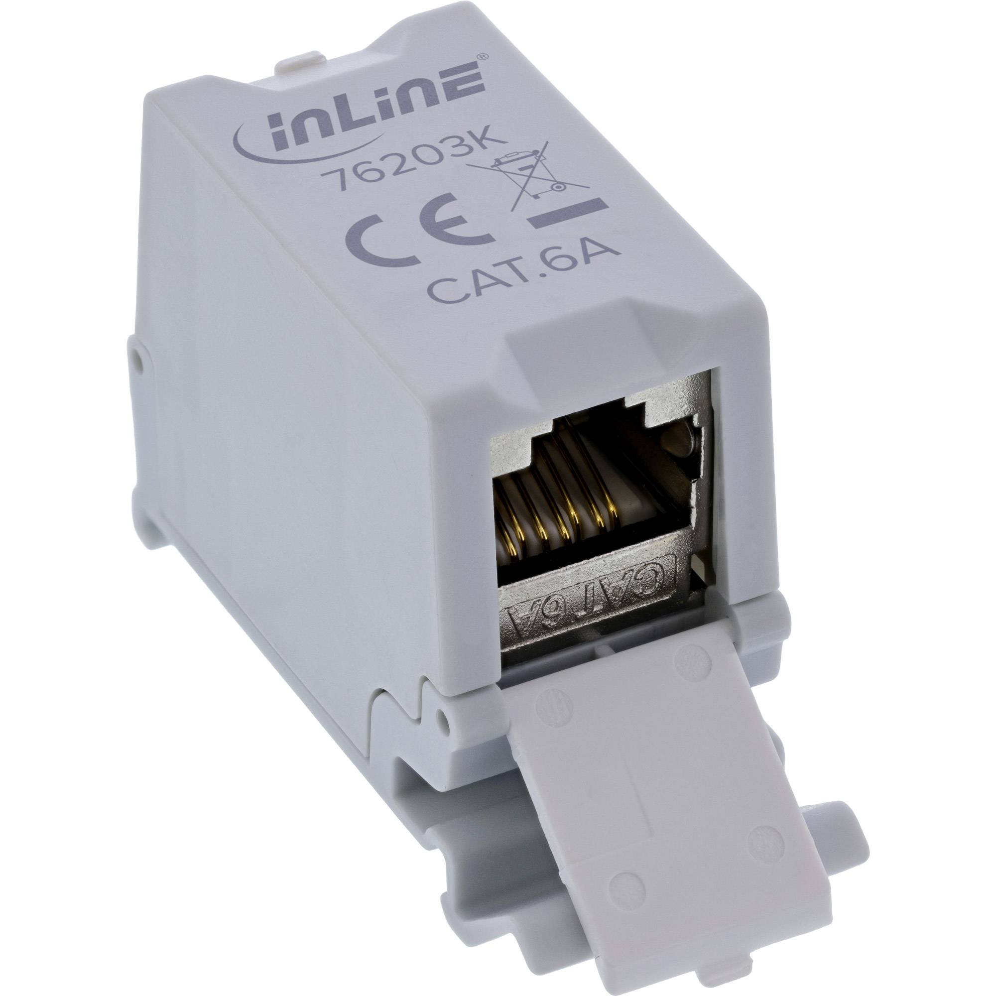 Modulare RJ45-Netzwerkbuchse mit der Bezeichnung „inLine 76203K CAT.6A" mit klappbarem Staubschutz, geöffnet, um die Kontakte des Anschlusses freizulegen.