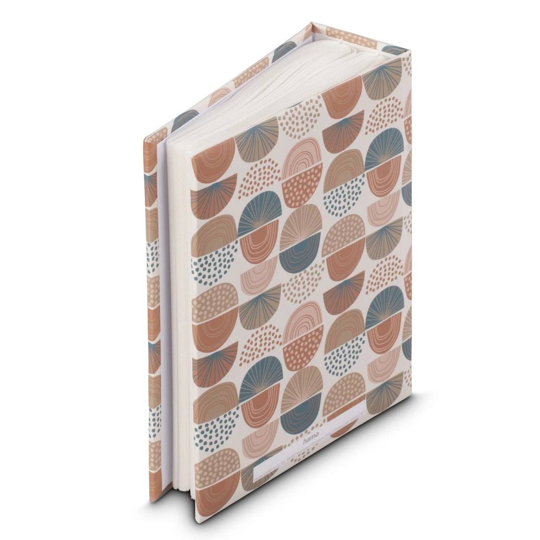 Gepattertes Hardcover-Buch oder Journal mit abstraktem Pastellhalbkreis-Design auf dem Umschlag, geschlossen auf weißem Hintergrund dargestellt.