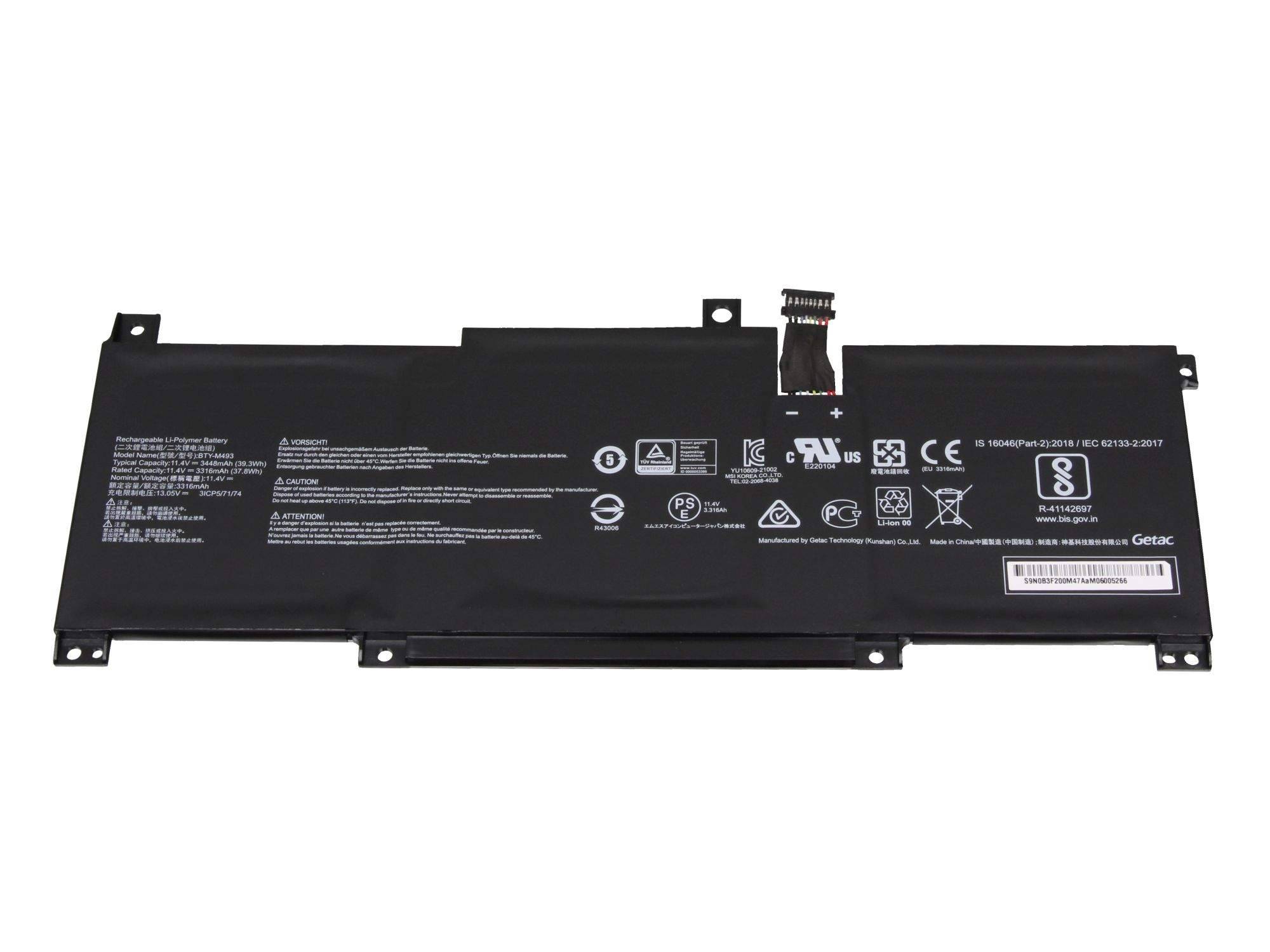 Schwarzes Laptop-Akkupack mit Stecker und Befestigungslaschen auf weißem Hintergrund.