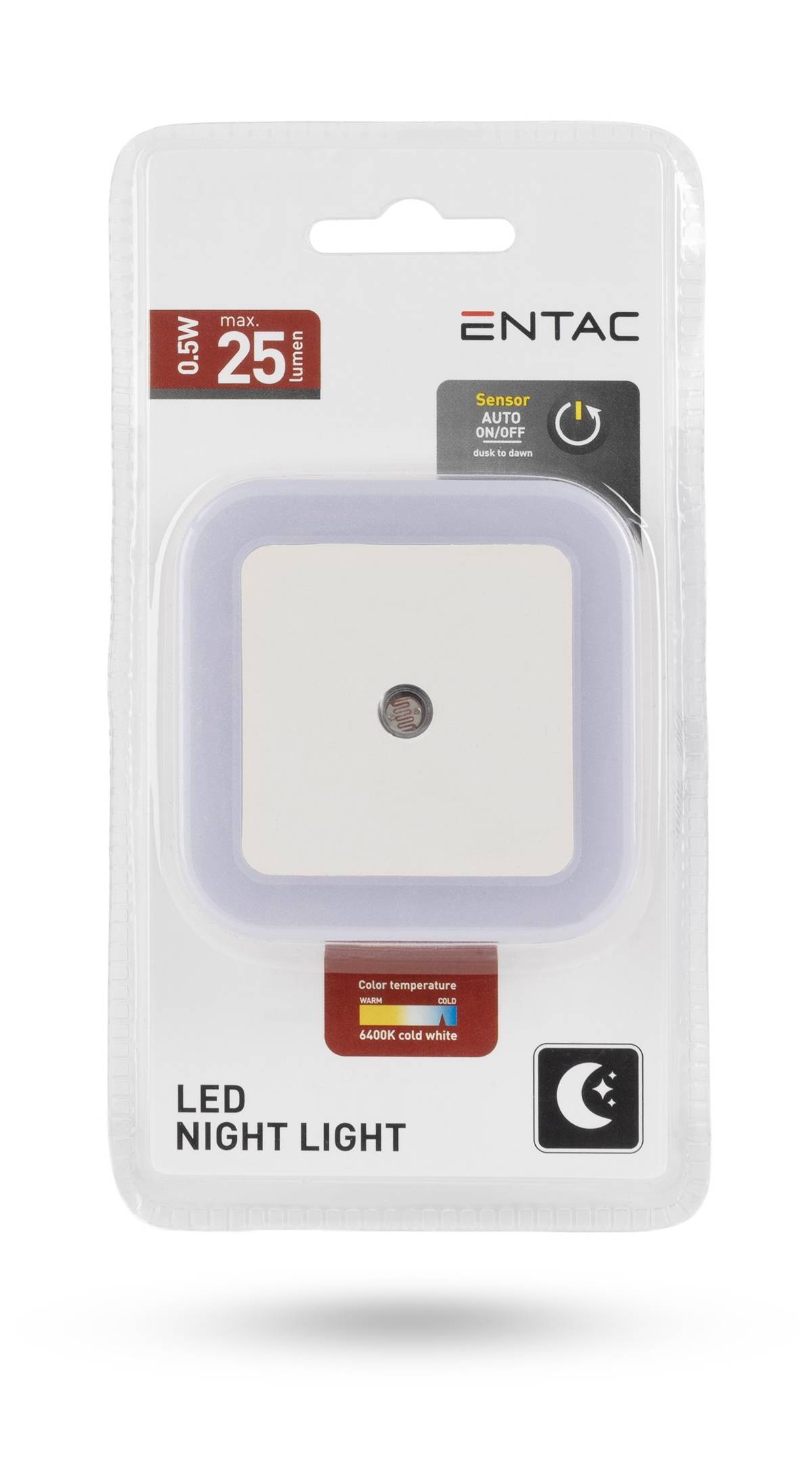 Verpackung für ein ENTAC LED-Nachtlicht, das einen quadratischen weißen Stecker-Nachtlichter mit Sensor-Automatik-Modus zeigt, 0,3W maximal, und warme weiße/kalte weiße Farbtemperatur.