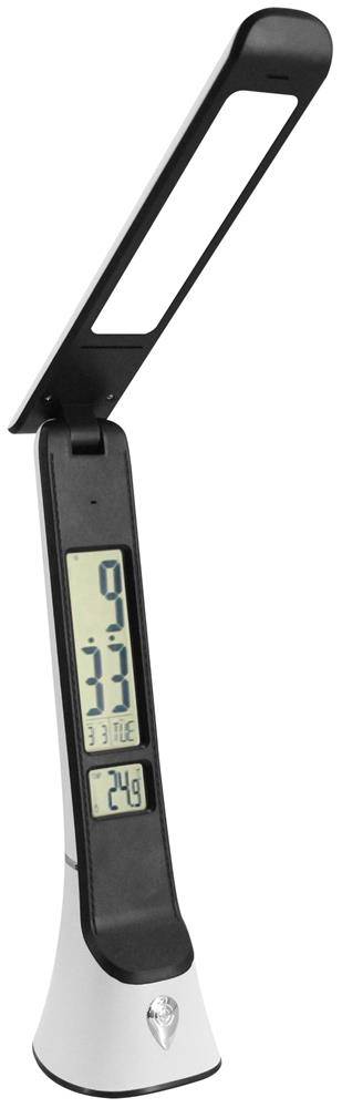 Schwarze digitale Schreibtischleuchte mit flexiblem Kopf und integriertem LCD-Display, das die Uhrzeit und Temperatur auf silberner Basis anzeigt.