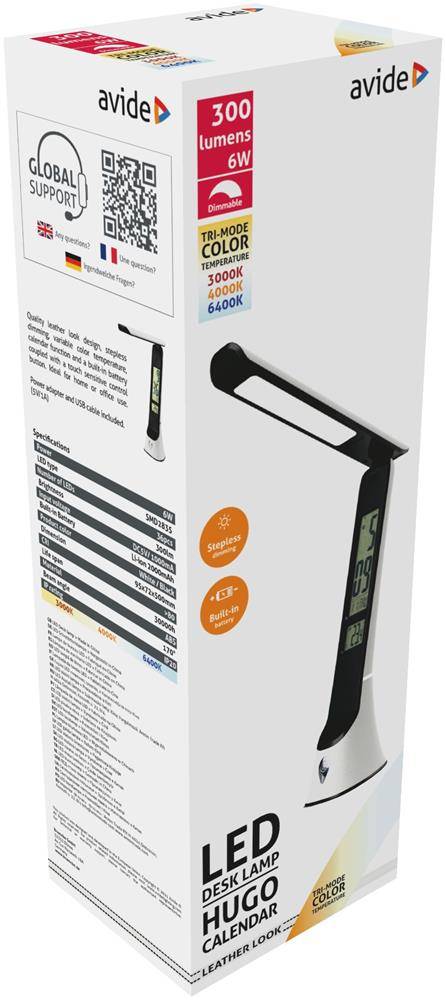 Produktbox für eine Avide LED-Schreibtischleuchte mit 300 Lumen, 6W, Tri-Modus-Farbe und Beleuchtungsoptionen 3000K/4000K/6400K.