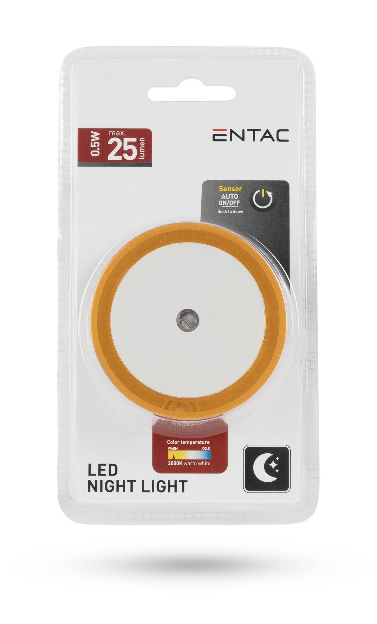 Entac LED-Nachtlicht in Blisterverpackung mit orangem kreisförmigem Licht, Stromschaltflächensymbol, Sensoretikett und Text „LED NIGHT LIGHT".