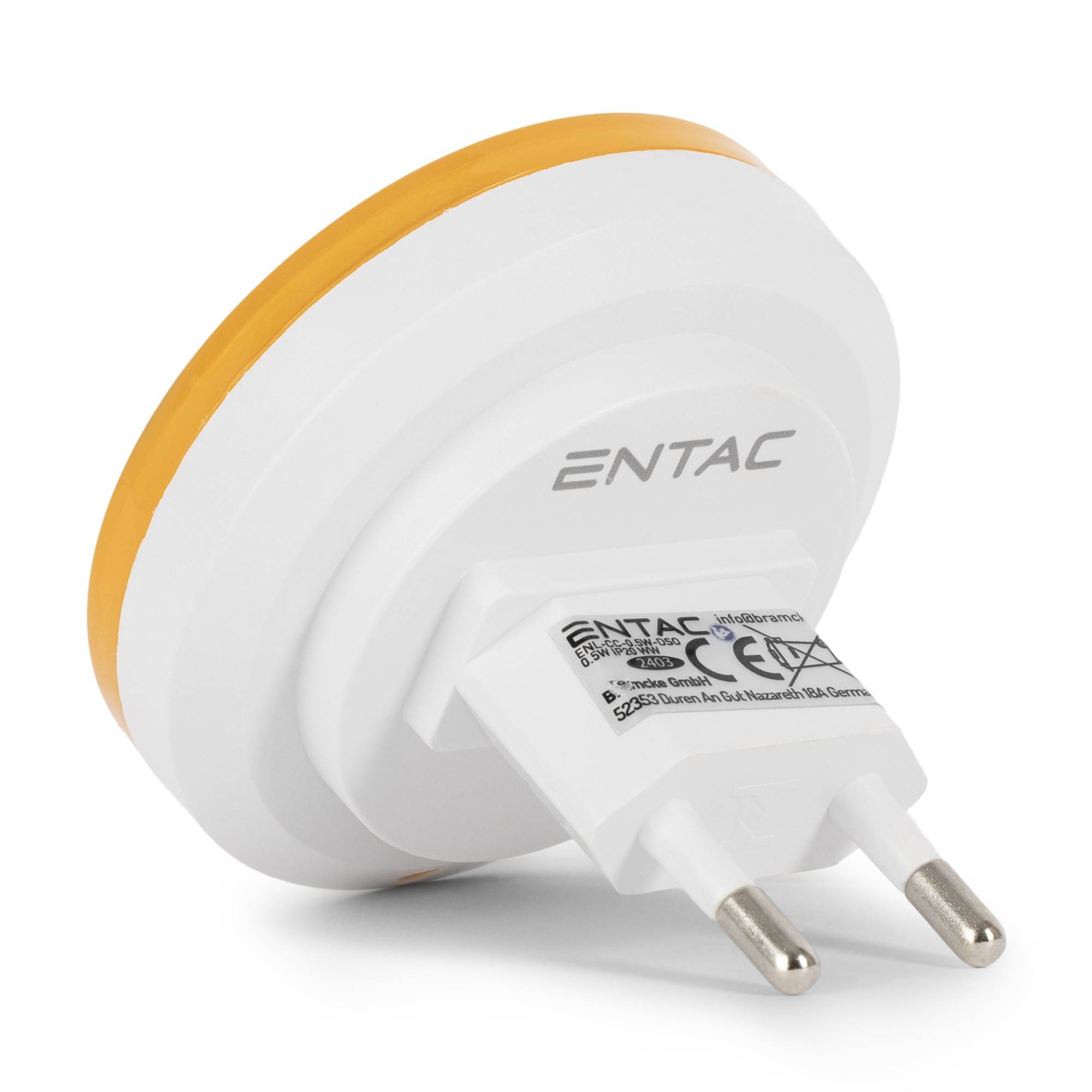 Weißes ENTAC-Steckmodul mit orangem Rand und zweipoligem europäischem Stecker, abgebildet auf weißem Hintergrund.