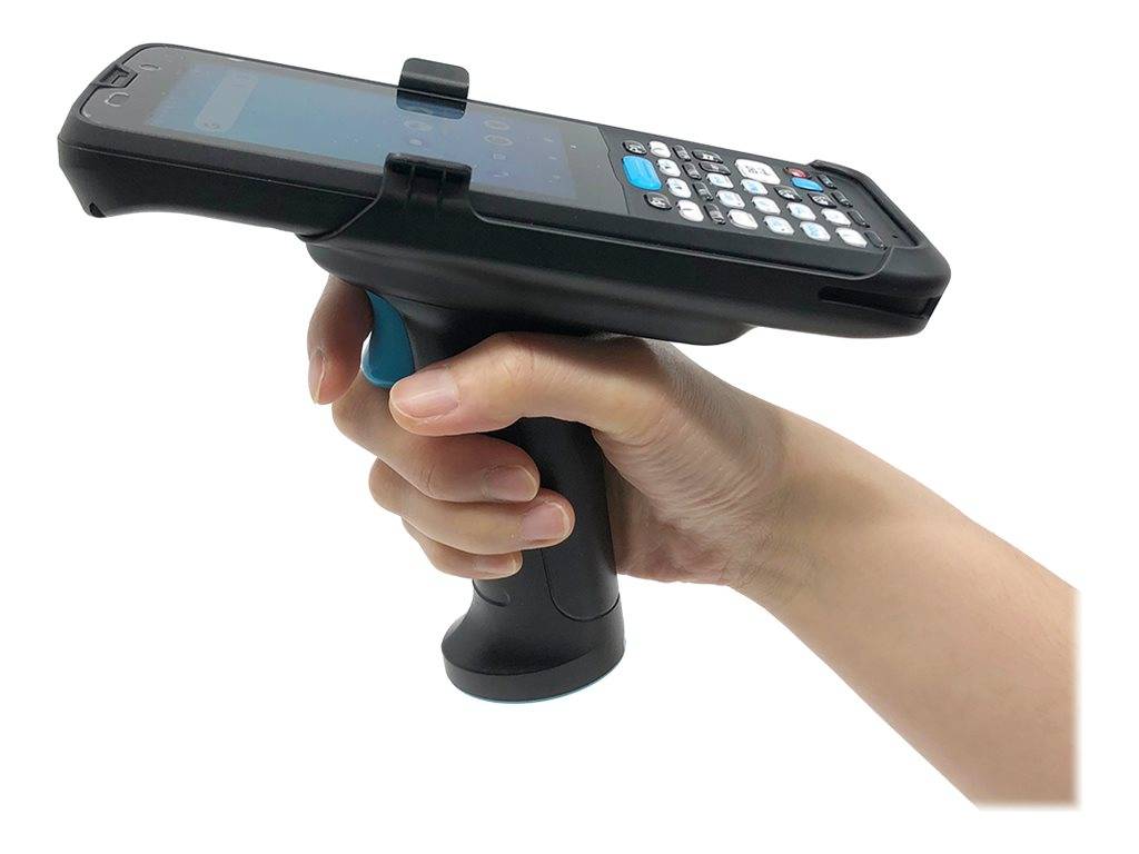 Hand, die einen tragbaren Barcode-Scanner mit Tastatur und Display hält, verwendet zum Scannen an der Verkaufsstelle oder zur Bestandsverwaltung.