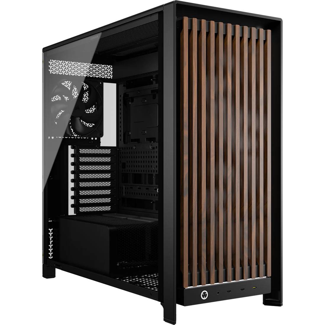 Schwarzes Mid-Tower-PC-Gehäuse mit Glasseiten-panel, Holzlamellen-Design an der Vorderseite und sichtbaren internen Lüfterhalterungen sowie Laufwerkschächten.